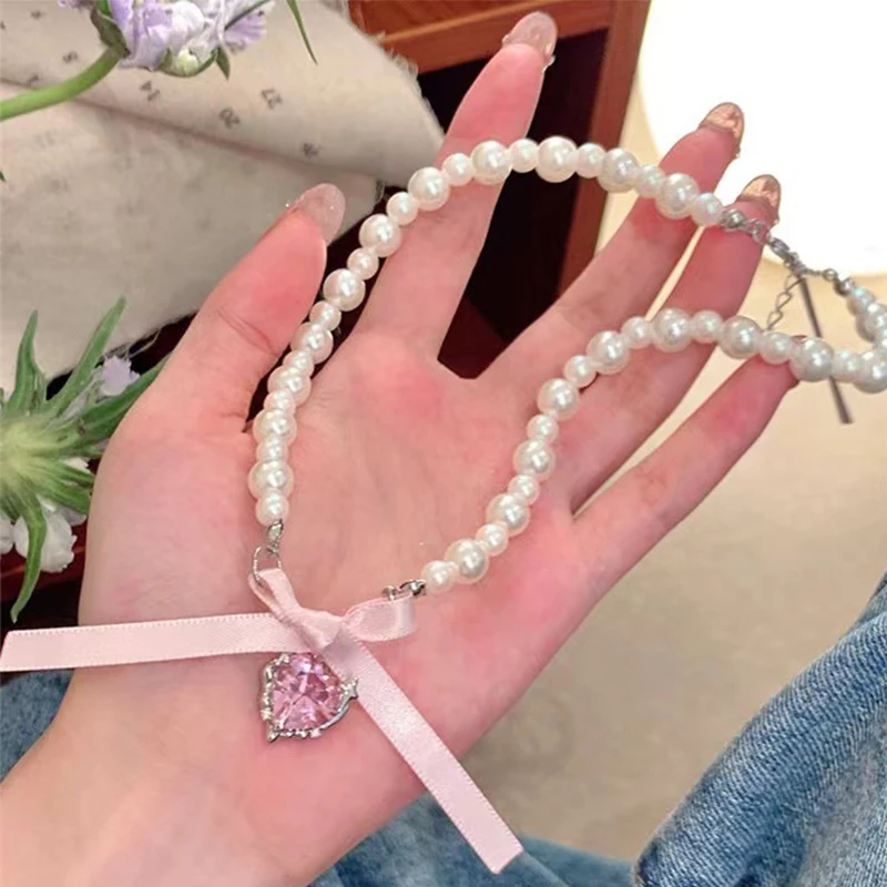 قبلة مجوهرات رومانسية الوردي اللون القوس عقدة اللؤلؤ مطرز قلادة للنساء INS أزياء الفتيات الحلو الخرز المختنق قلادة هدية #6