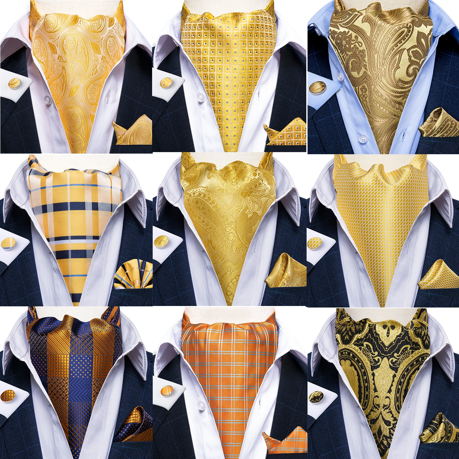 DiBanGu Jacquard Cravat 3pc Set Yellow Paisley Woven Ascot Tie Cufflinks Pocket Square Men's Fashion Casual Scarves Accessories