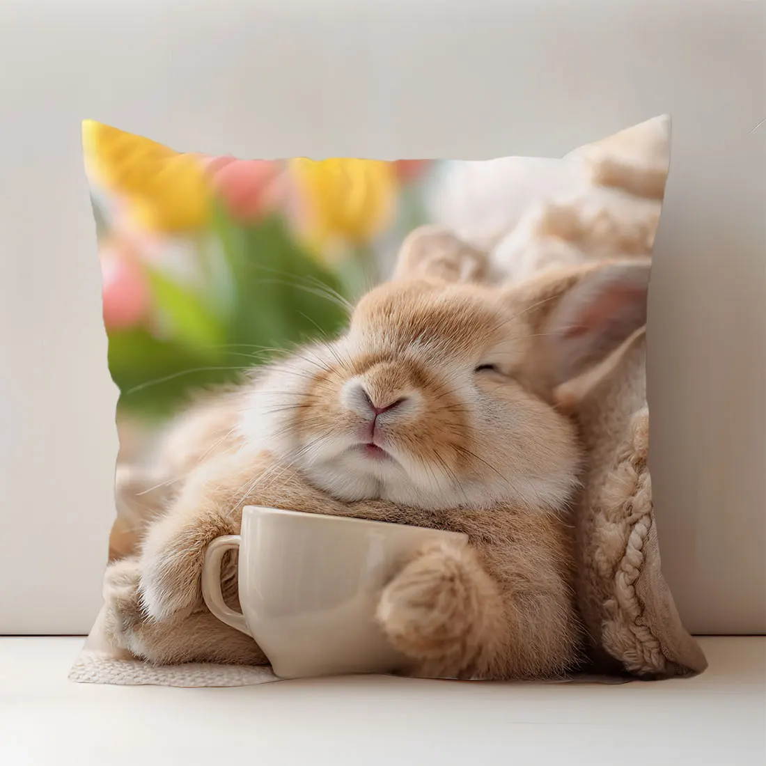Cute Rabbit Coffee Mug Pillow Cover Home Decor Perfect for Living Room Bedroom Ideal Gift for Polyester Soft Fabric