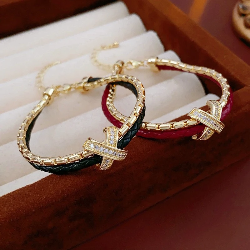 Real Gold Plated Zircon Cross Double-layer Bracelet, Exquisite Light Luxury Versatile Bracelet, Fashionable Cold Style Jewelry