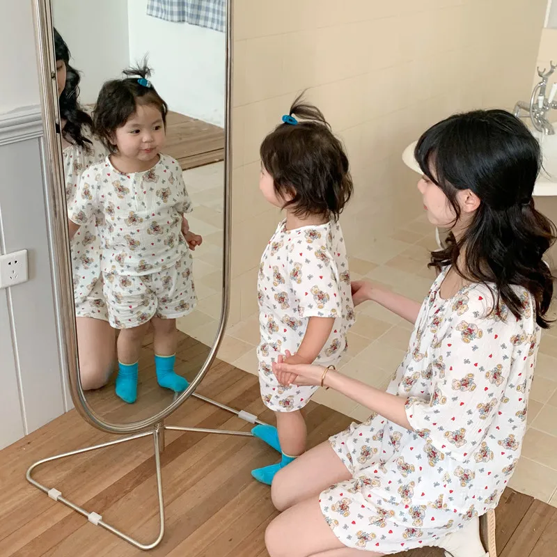 Japanese Double Layered Gauze Cotton Pajamas Suits Mother and Daughter Summer Homewear Clothes Boys Girls Thin Sleepwear