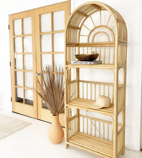 High Rattan Bookcase Stand Floor 4 shelves With Storage, Bookshelf Wholesale Made in Vietnam for Living Room and Home Office