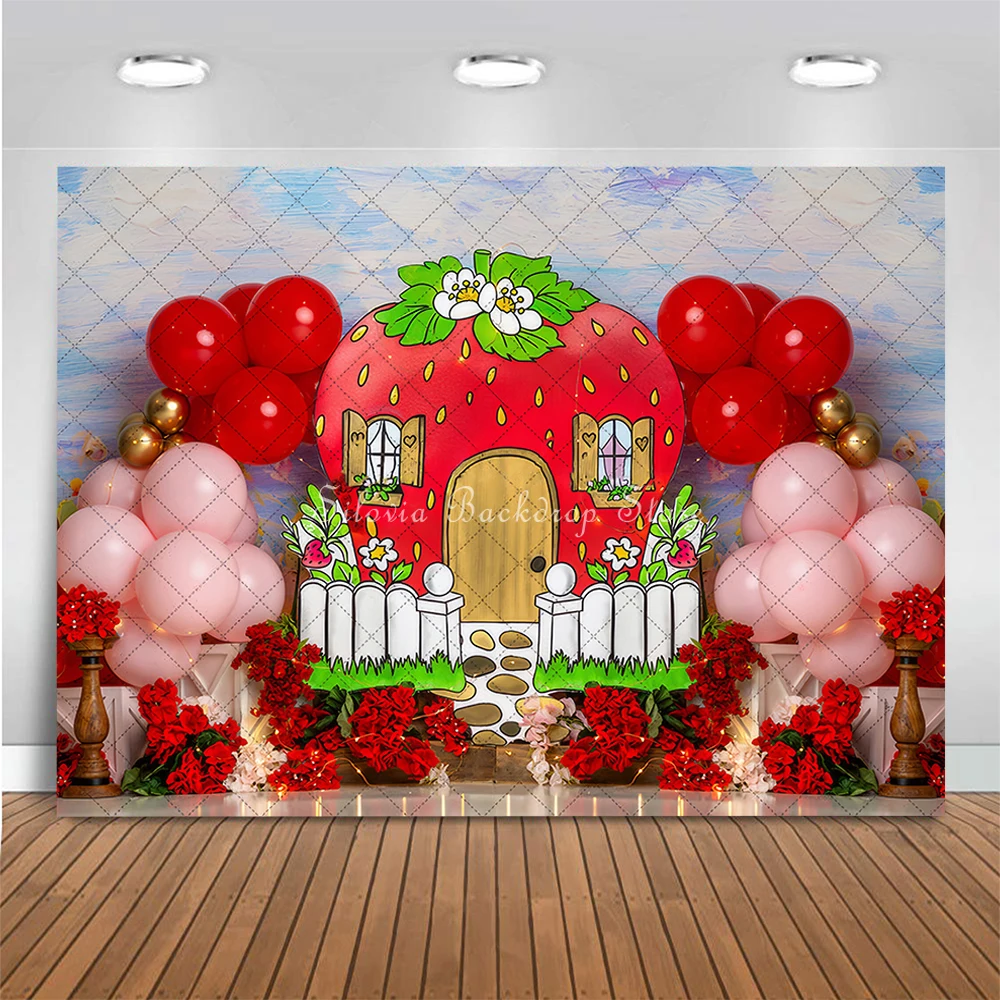 Berry First Birthday Cake Smash Photography Backdrop Red Strawberry House Photo Background Flowers Balloons Photo Studio Props