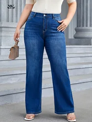 Jeans de perna larga de cintura alta para mulheres, calças jeans largas, elásticas e retas, largas e retas, plus size