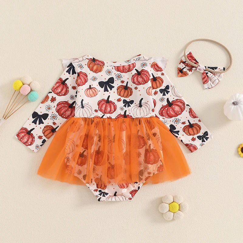 

Baby Girl Halloween Costume Short Sleeve Pumpkin Print Romper with Matching Headband and Tulle Skirt Outfit for Newborns