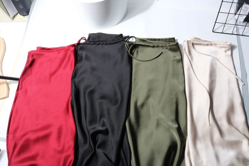 New In 2026 Women's Spring Summer Solid Color Satin Long Skirt High Waist Lace-up Trendy Elegant Faldas Female Beach Maxi Skirts