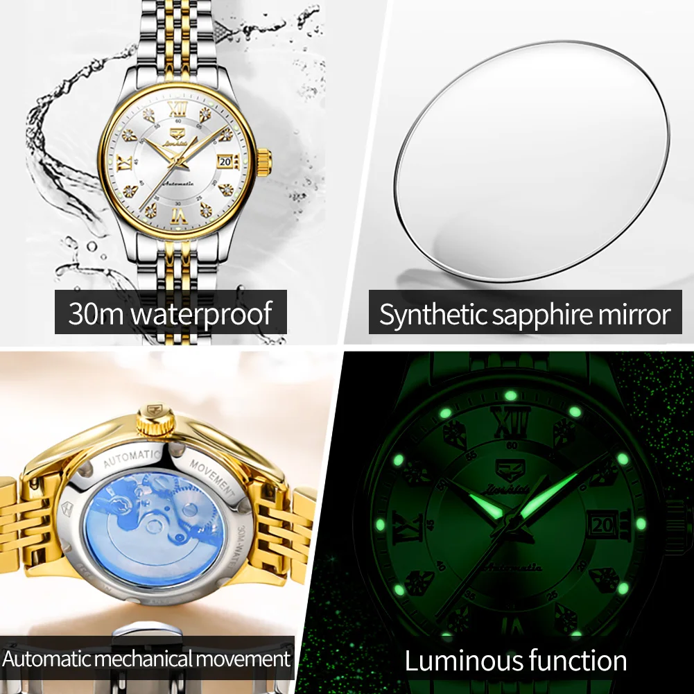 Jsdun 8939 Automatisch Mechanisch Horloge Voor Vrouwen Diep Waterdicht Lichtgevende Maan Fase Handklok Originele Luxe Dameshorloges