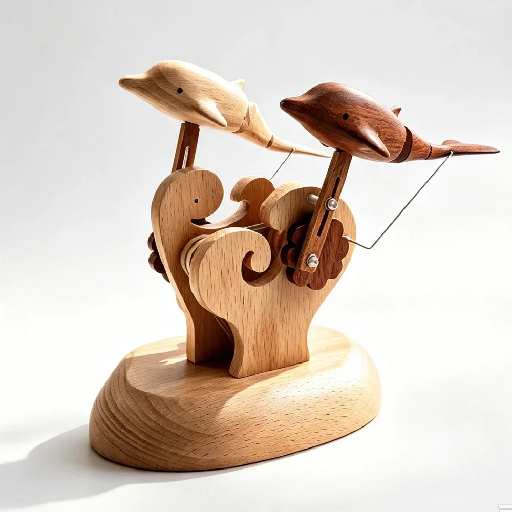 Marine Art Wooden Dolphin Automaton, Dynamic Kinetic Sculpture with Swimming Motion, USB Rechargeable, Desktop Decoration