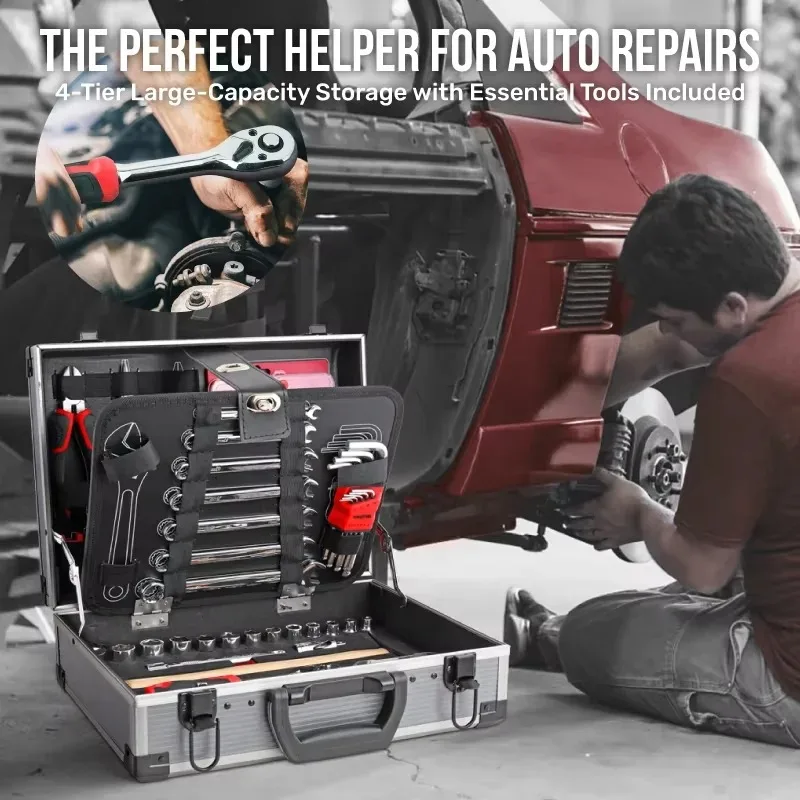 

Набор профессиональных инструментов для ремонта автомобилей из 105 предметов в алюминиевом кейсе: полный комплект ручных инструментов и гаечных ключей