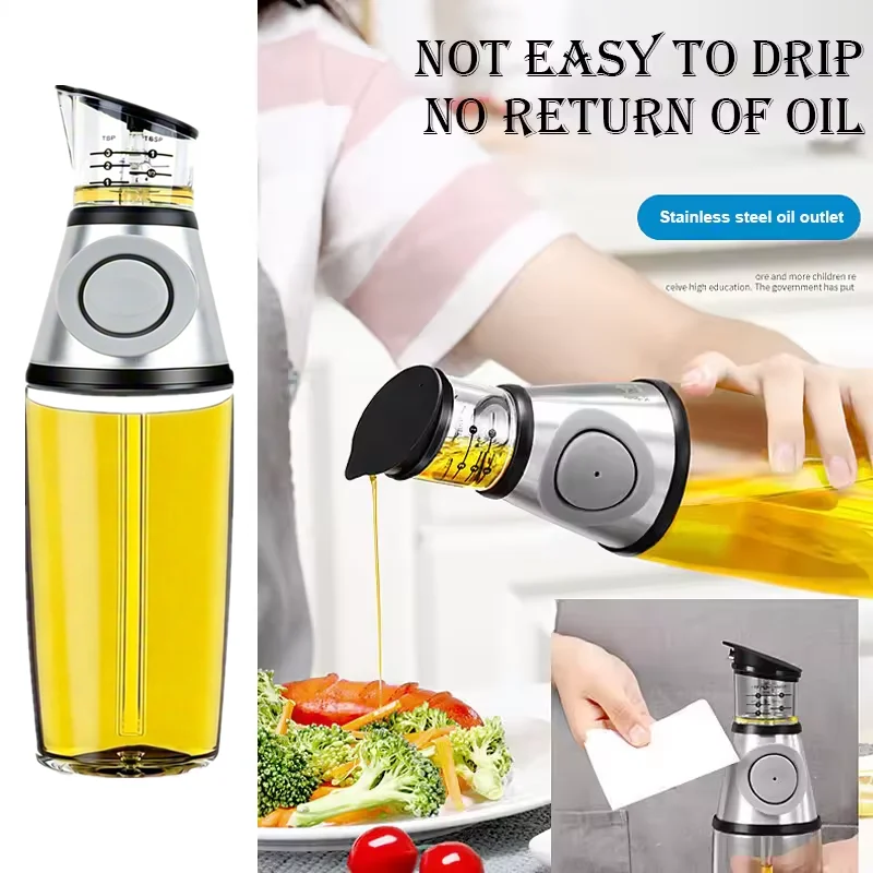Press Measuring Oil Dispenser Glass Bottle Quantitative Pour Oil Cruet No Drip Oil Container For Kitchen Cooking Olive Oil Vineg