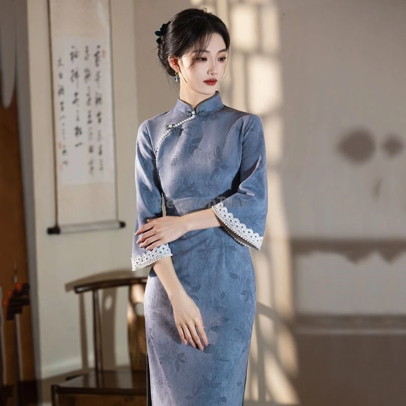 

2025 literature art women's qipao improved new chinese style wide sleeved cheongsam youth lady sweet lace design daily qipao