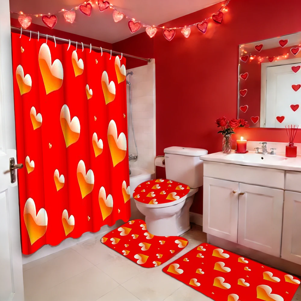 

Valentine's Day Love Heart Pattern Shower Curtain Bath Sets Waterproof Non-Slip Bathroom Rug Toilet U With 12 Hooks Home Deco