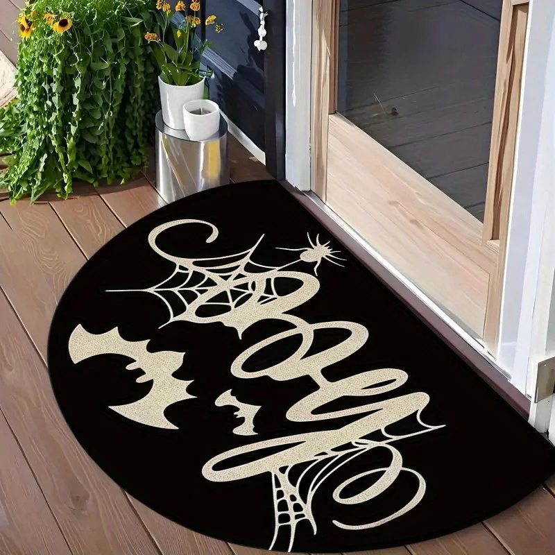 Vintage Black Halloween Doormat Spooky Lettering Bat Half Round Welcome Mat Spider Web Pattern Outdoor Entrance Porch Floor