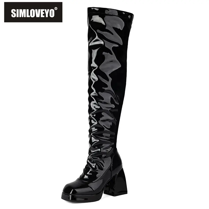 

SIMLOVEYO Fashion Female Thigh Boots Square Toe Chunky Heels 9cm Platform 2cm Zipper Shiny Sexy Party Bota Large Size 46 47 48