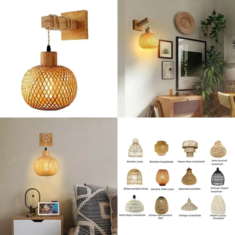 Natural Bamboo Rattan Hand Woven Wall Lamp Brown Modern Indoor Ceiling Light 220V AC Decorative Fixture for Home Living Room