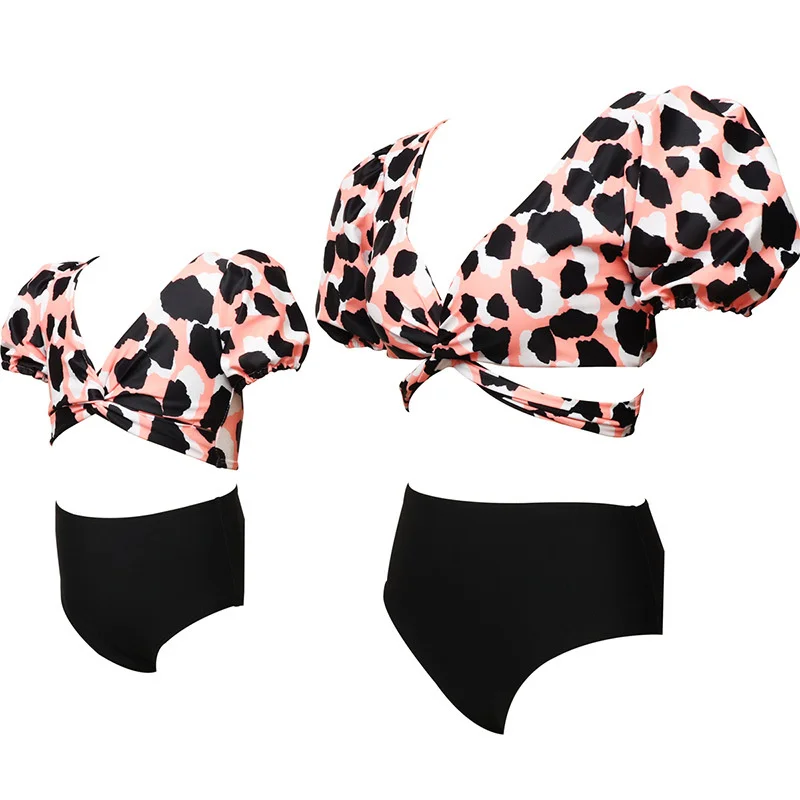 Mom Daughter Matching Swimsuit Puff Sleeve 2Pc Outfits High Waist Tropical Leaf Print Family Bikini Beach Bathing Suit