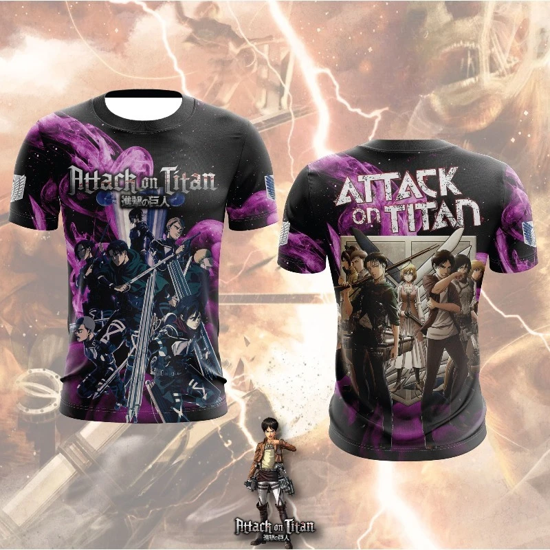 Titan Attack Eren Levi Mikasa Group Print Kurzarm-T-Shirt für Herren, Purple Smoke Style, lässiges Streetwear-Anime-T-Shirt