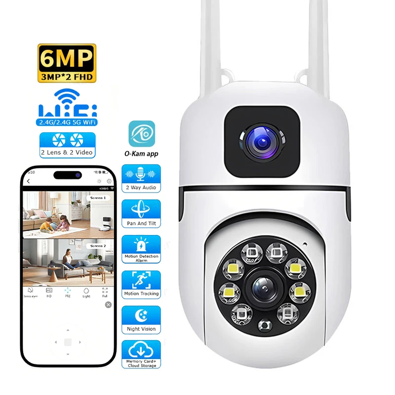 Dual Lens 6MP Indoor WiFi Security Camera 360° PTZ Motion Detection Two Way Talk Night Vision