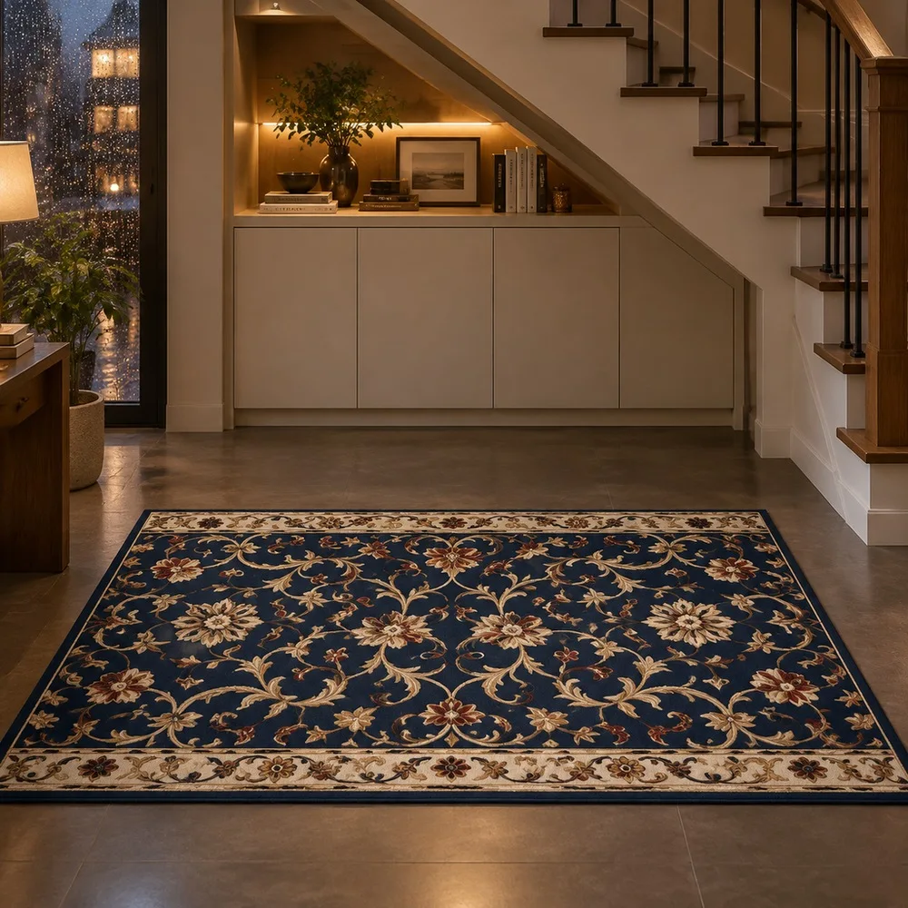VIKAMA Carpet Rug Midnight Blue Scroll Floral Trellis Washable Balcony Front Door Window Seat Coffee Table Modern Home Decor
