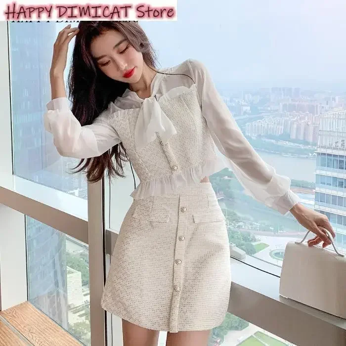 Short Skirt Two-Piece Suit Lady Lace Bow Tie Blouse  Ladies Temperament Small Fragrance Fashion Suit New