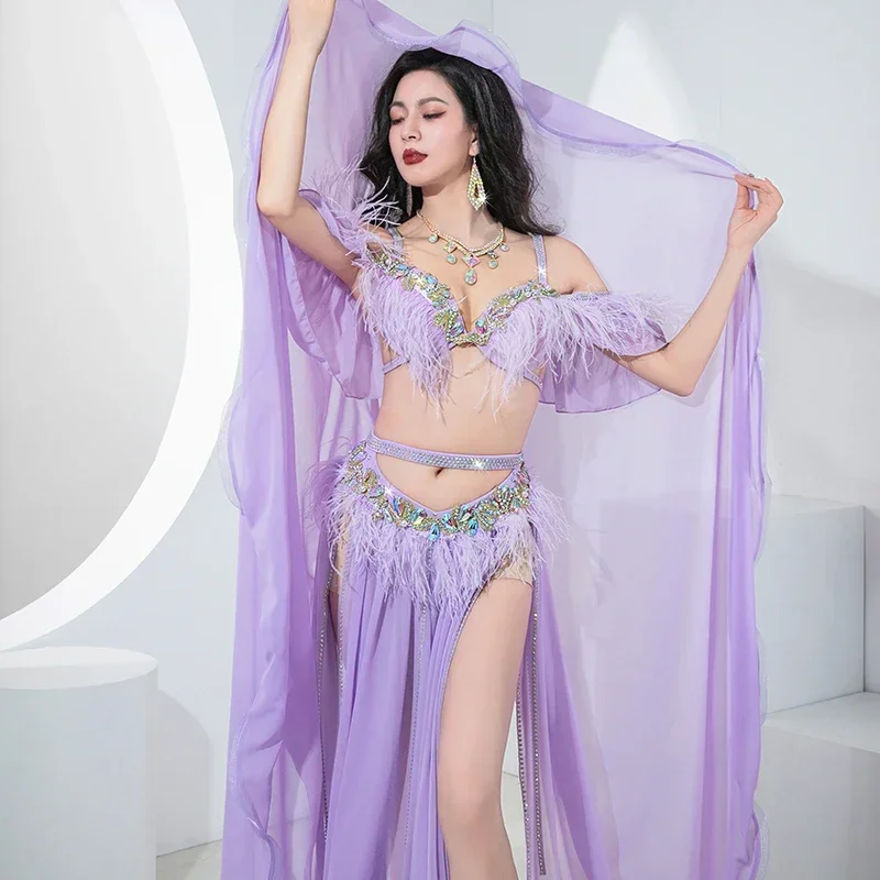 Women Senior AB Stones Bra+satin Split Long Skirt 2pcs for Women Oriental Belly Dancing Outfit Belly Dance Performance Suit