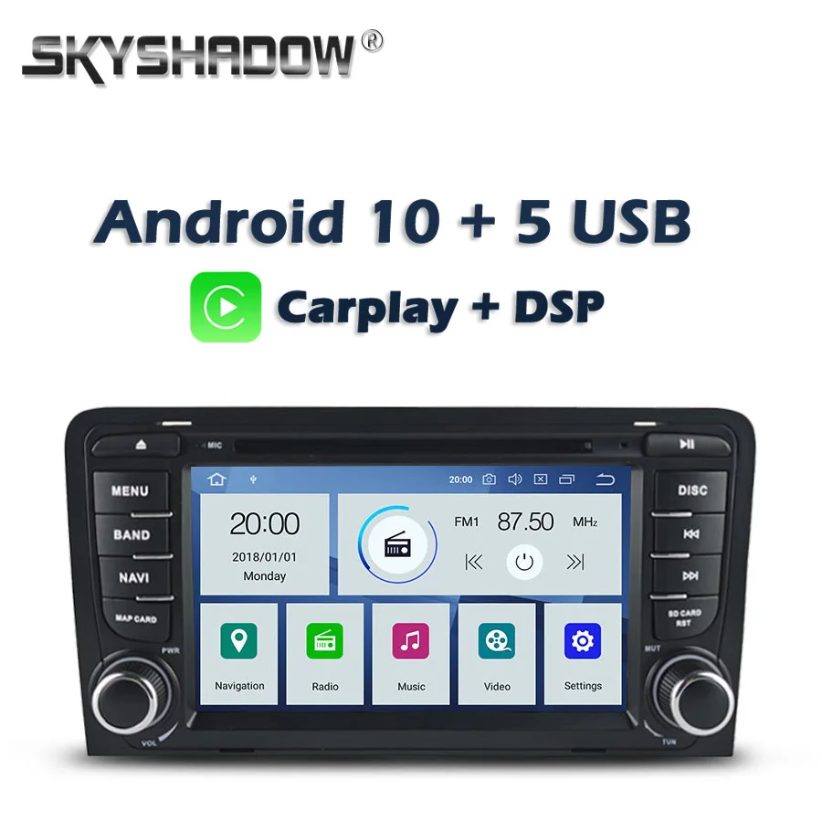 Carplay DSP PX6 IPS Android 10 4GB + 64GB Car DVD Player GPS Map RDS Radio Bluetooth Wifi For Audi A3 2002- 2011 S3 RS3 RNSE-PU