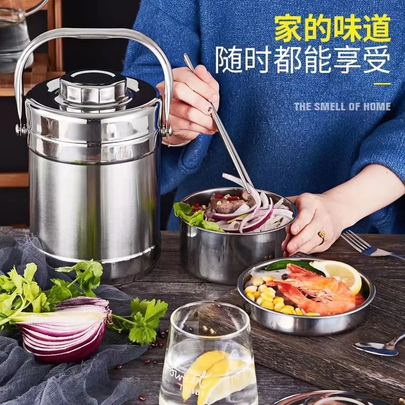 Stainless Steel Insulated Portable Lunch Box with Straight Drum Shaped Multi-layer Insulated Bucket for Office Workers