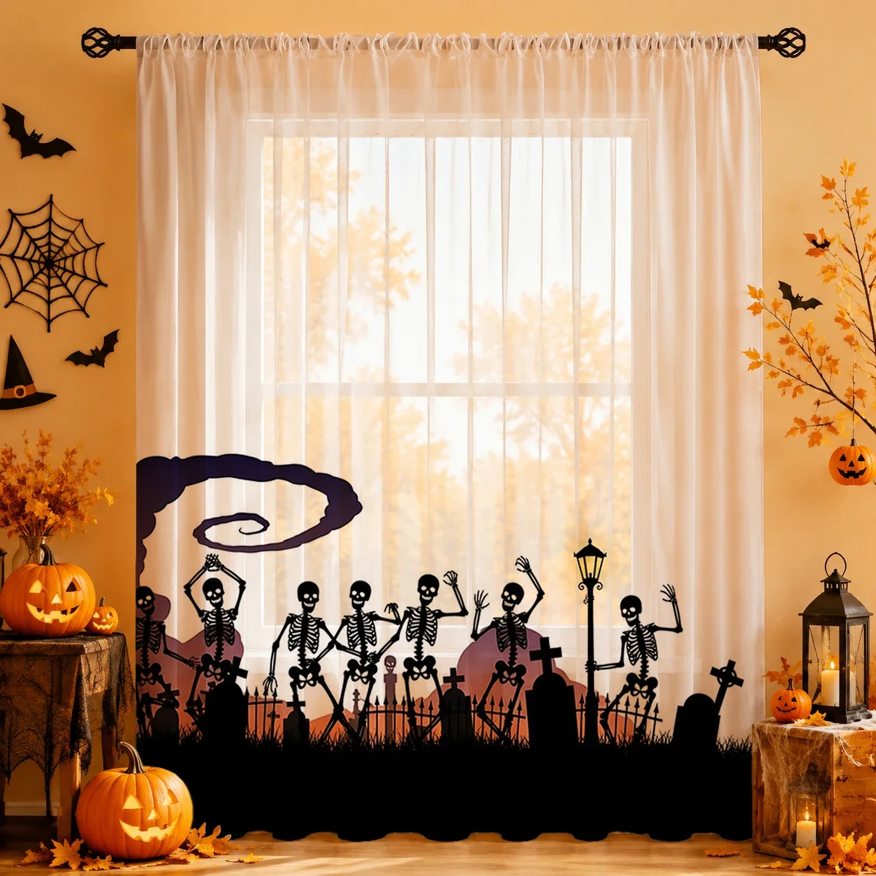 Rod Pocket Halloween Festival Sheer Curtain, Good Quality Light Reducing Privacy Voile for Living/Bedroom/Kids Room