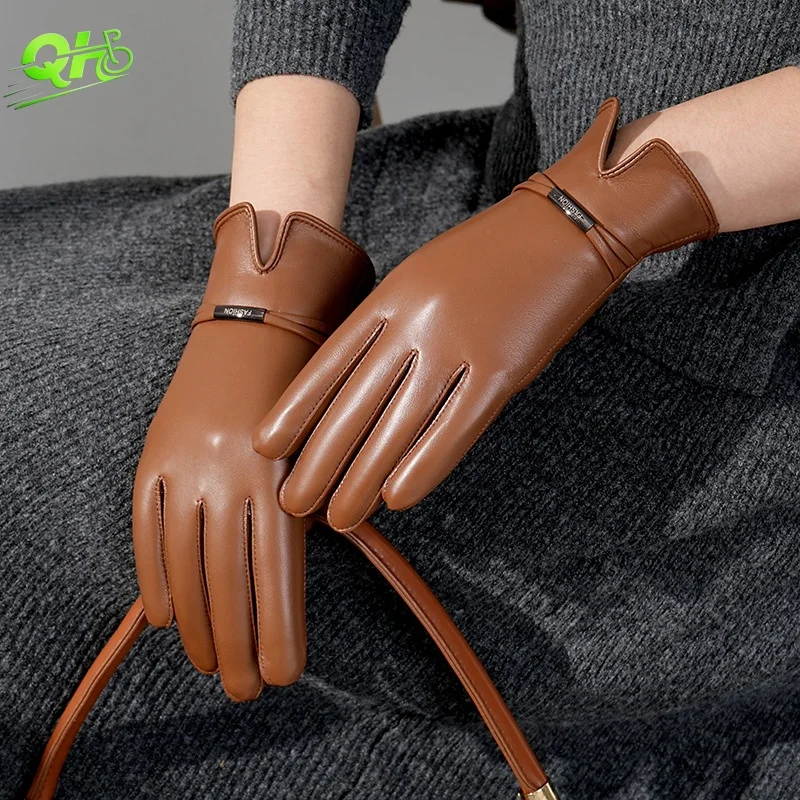 

Genuine Leather Gloves Ladies Electric Scooter Hand Warmer Sheepskin mujer Fleece Lined Touchscreen Winter Warm Fashion Guants