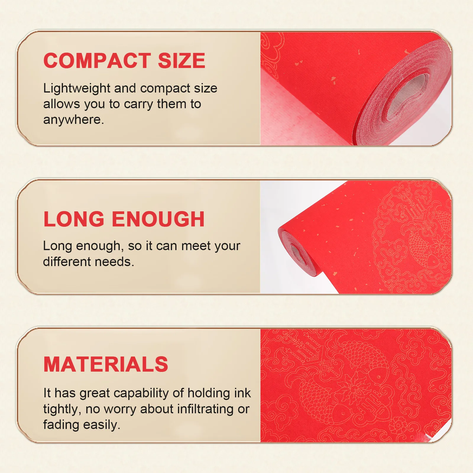 1 Roll Red Blank Scroll Paper Thickened Xuan Paper for Traditional Calligraphy Couplets Chunlian Writing Long Length Easy Carry