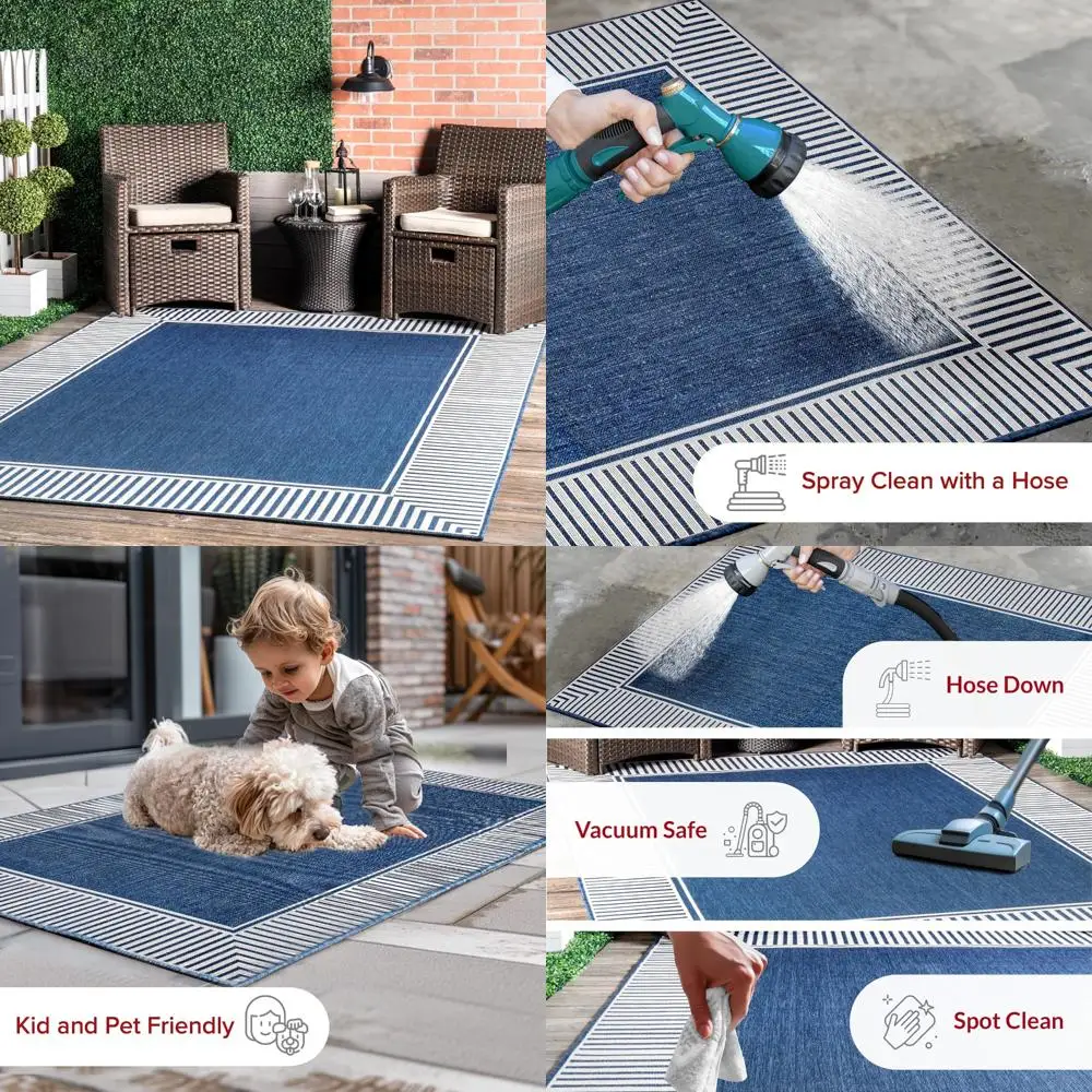 

6'7 x 9' Outdoor Area Rug, Casual Striped Border Design, Stain Resistant and Highly Durable, Ideal for Patio, Balcony, and Bedro