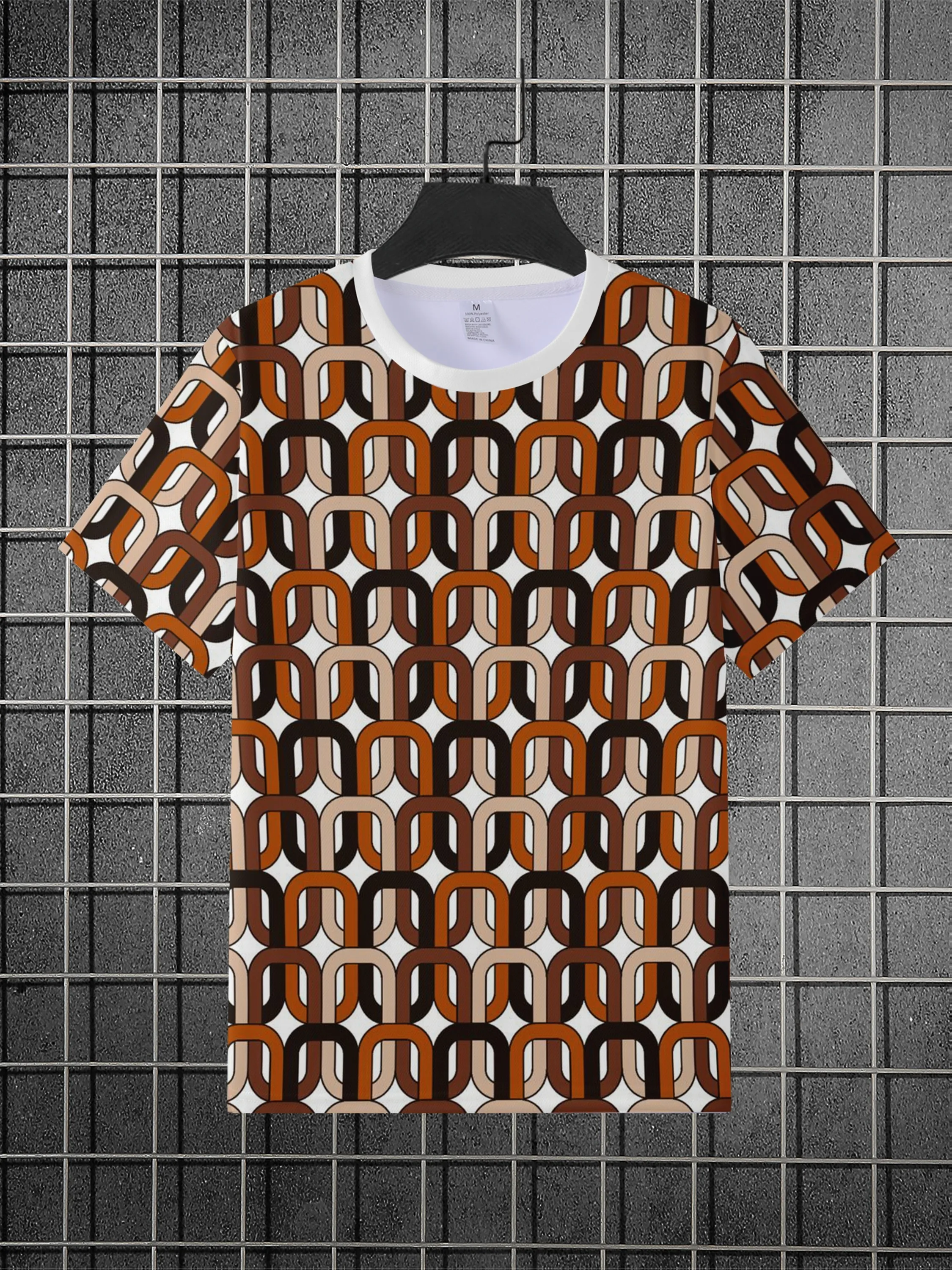 Men Vintage Chain Link Geometric Print T-shirt White Crew Neck Short Sleeve Casual Daily Top