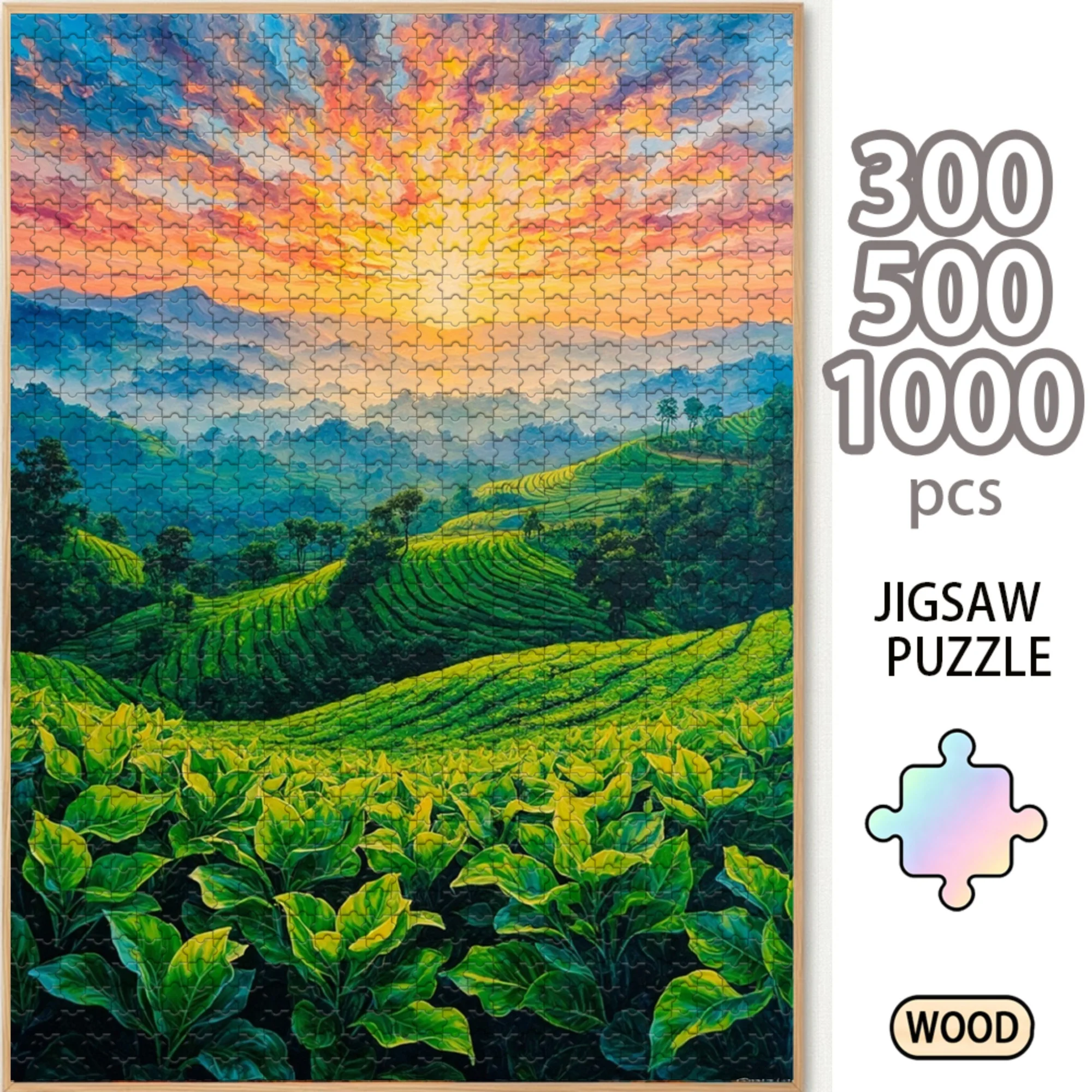 Green Terraced Tea Field Sunset Wooden Jigsaw Puzzle 300/500/1000 Piece Mountain Plantation Landscape Oil Painting Art Board Decor Gift for Adults