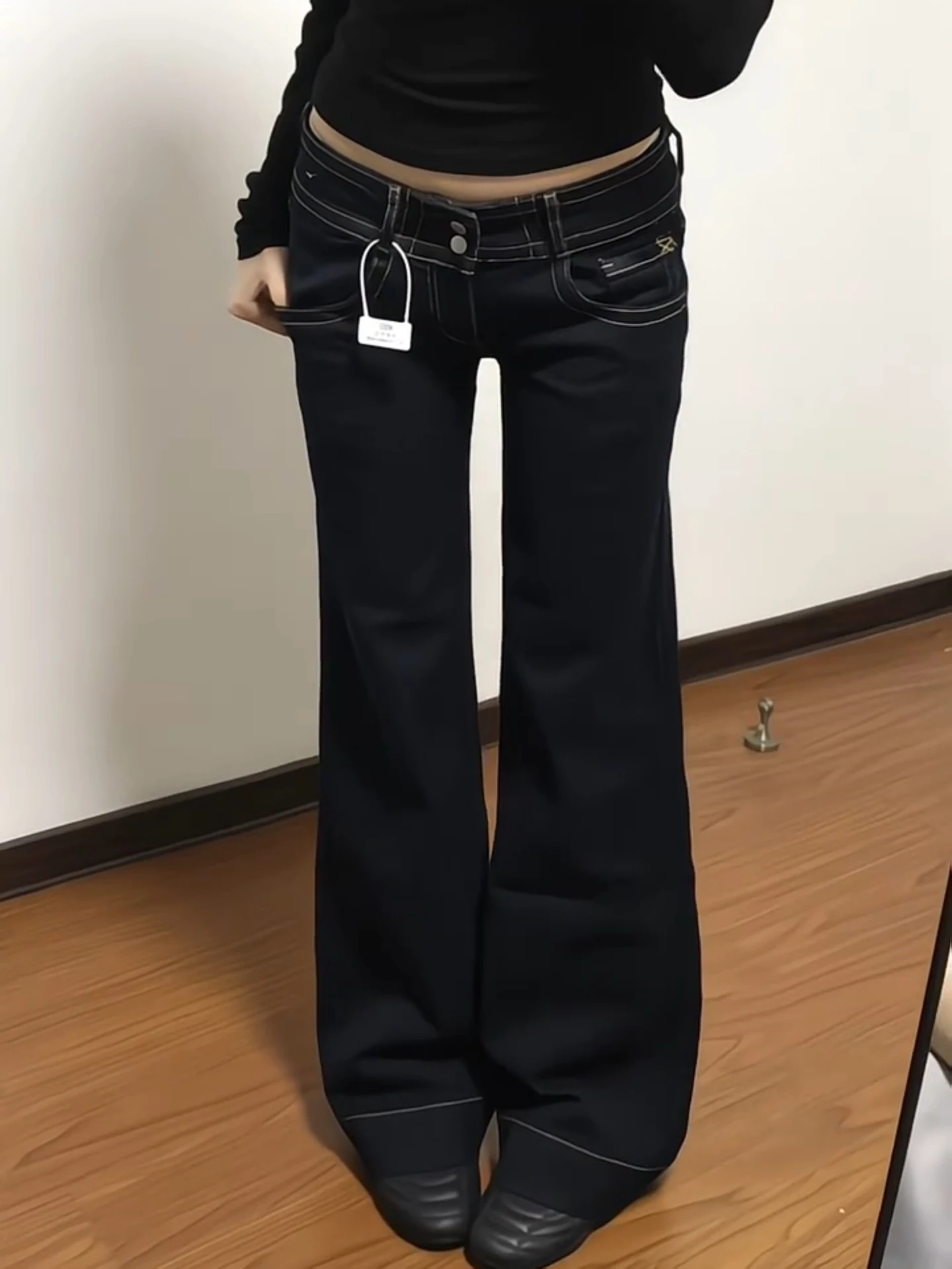 

Джинсы женские больших размеров в американском ретро-стиле с двойным поясом, низкой посадкой, расклешенные, прямые, удлиненные, стройнящие, новая модель