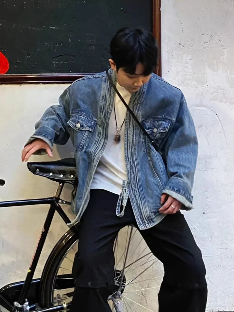 

New 2024 Men's Oversized Casual Denim Jaet Asymmetric Design Vintage Leisure Coat Youth Faion Outerwear Long Sve