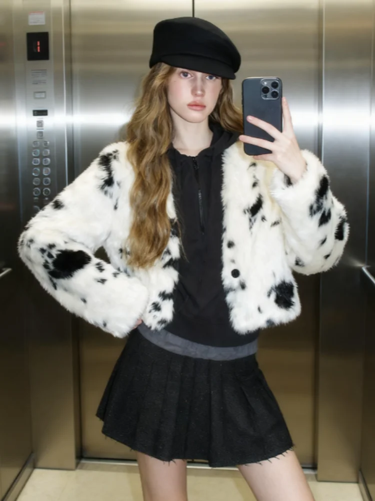 

Женское пальто с принтом из искусственного меха, городское однобортное женское пальто с длинным рукавом и v-образным вырезом, осень-зима 2021, модная женская уличная одежда