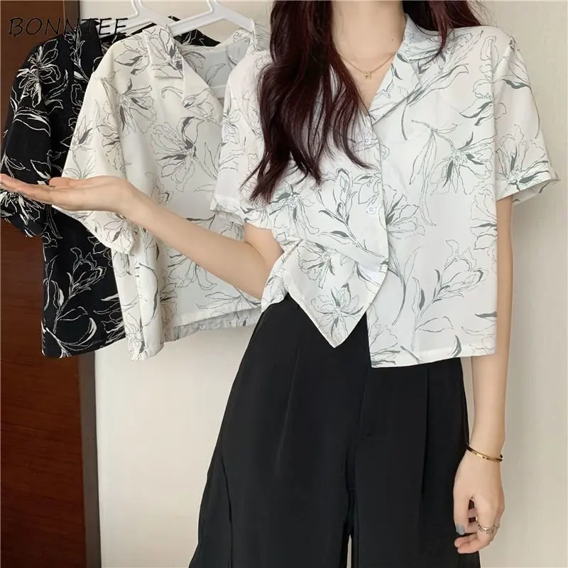 Loose Shirts Women New Summer BF Office Ladies Vintage Print Streetwear Harajuku Y2k Ulzzang Leisure All-match Short-sleeve Chic