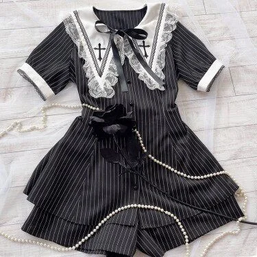 

Gothic Style Embroidered Set Clear Production High Waist Slimming 070 Set Polyester Fiber Short Sleeve Collar Casual