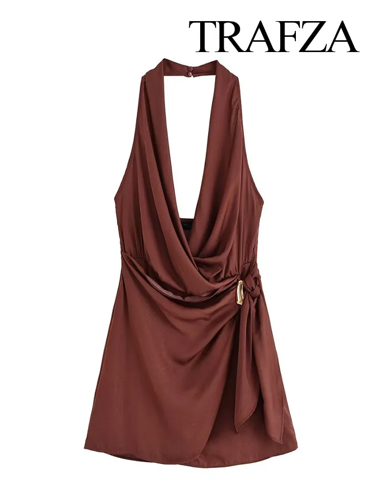 TRAFZA Women's Summer Sexy Gold Inlaid Halter Neck Deep V Collar Backless Dress Female Elegant Sleeveless Party Slim Mini Dress
