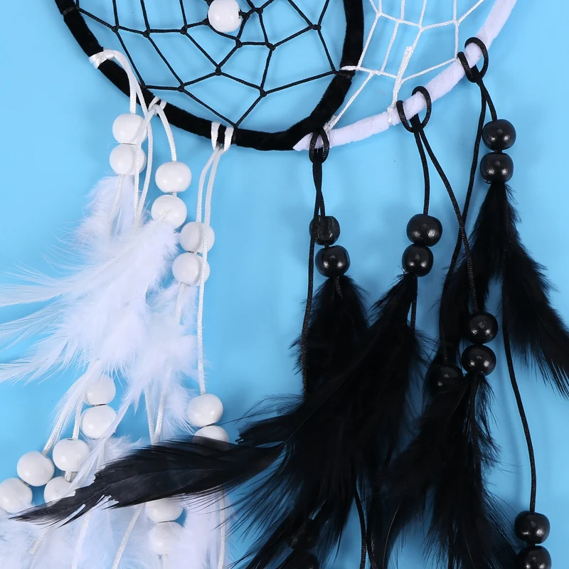 Handmade Yin Yang Dream Catcher Circular Net With Feathers Beads For Wall Car Hanging Decoration Ornament Craft Gift, Black And