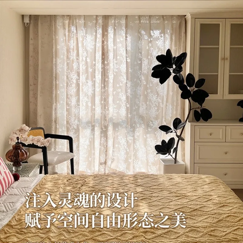 French Cream Style Retro Hollow Butterfly Flower Impermeable Beautiful Curtain Gauze Living Room Girl Bedroom Dream