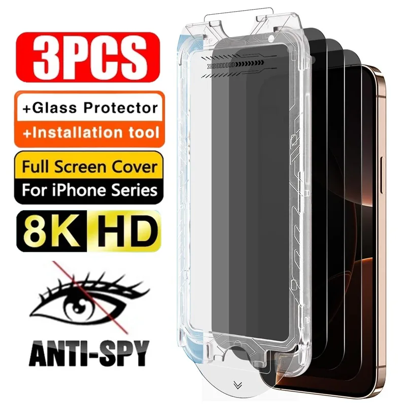 3Pcs Privacy Screen Protector  for IPhone 16 15 14 13 12 11 Pro Max XR X XS Anti-Spy Tempered Glass Dust free Installation