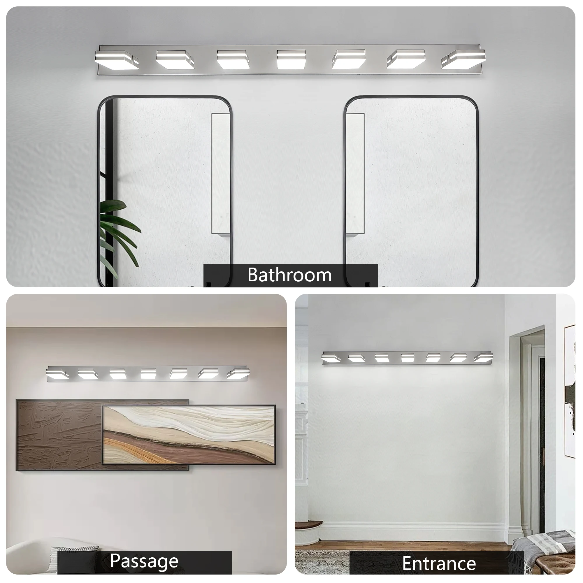 7-Light LED Modern Bathroom Vanity Light Fixture Matte Chrome Modern Acrylic Bathroom Wall Lighting Over Mirror Cool White 6000K