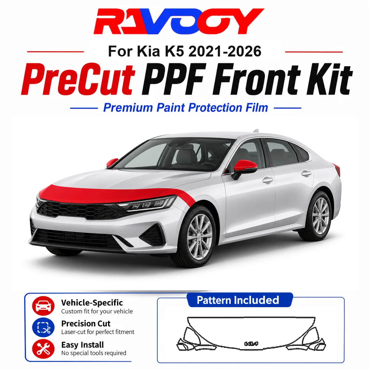 

8.5mil TPU Precut PPF Kit For Kia K5 2021-2026 - Hood, Partial Fenders & Full Mirror Set - Self-Healing Gloss Clear Bra Film