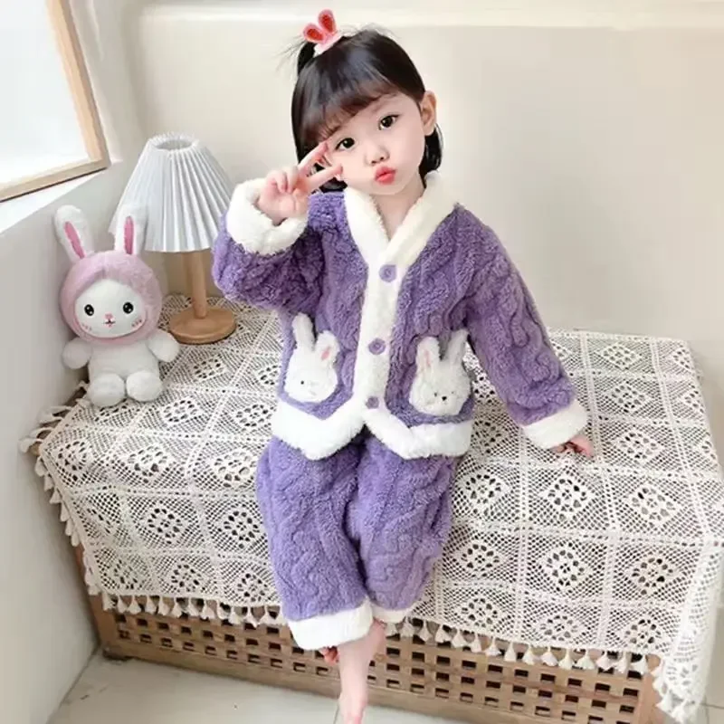 Children\'s Clothing Sets Bunny Pocket Flannel Pajama Set Coral Velvet Homewear Set for Children Boys Girls Clothes Sets