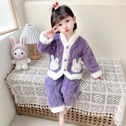 Children's Clothing Sets Bunny Pocket Flannel Pajama Set Coral Velvet Homewear Set for Children Boys Girls Clothes Sets
