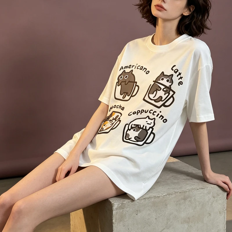 Harajuku Cat Coffee Pure Trendy Loose Short Sleeved T-shirt Men Women Original Mocha Latte Cat Three Flowers Fun Cat Tees