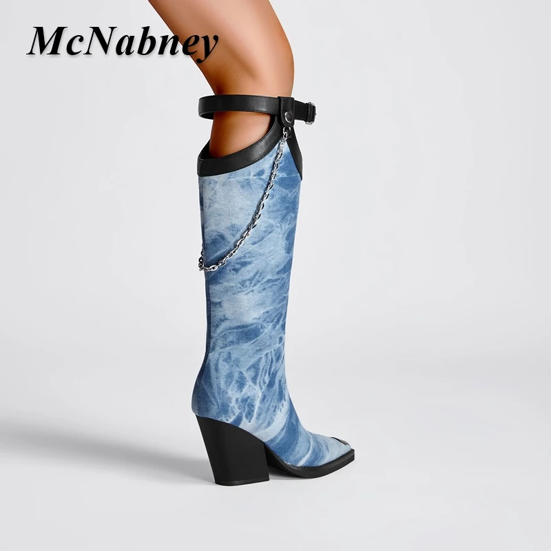 2023 New Denim Metal Buckle Chain Pointed Toe Boots Chunky High Heeled Buckle Strap Fashion Side Zipper Women Knee Boots Shoes