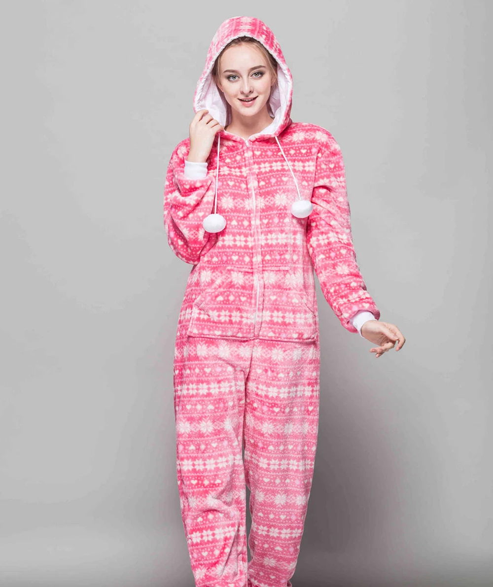 Adult Onesies Pink Hooded Flannel Pajamas Women\'s One Piece Sleepwear Christmas Jumpsuit Gifts For Winter New Year Onesie Pijama