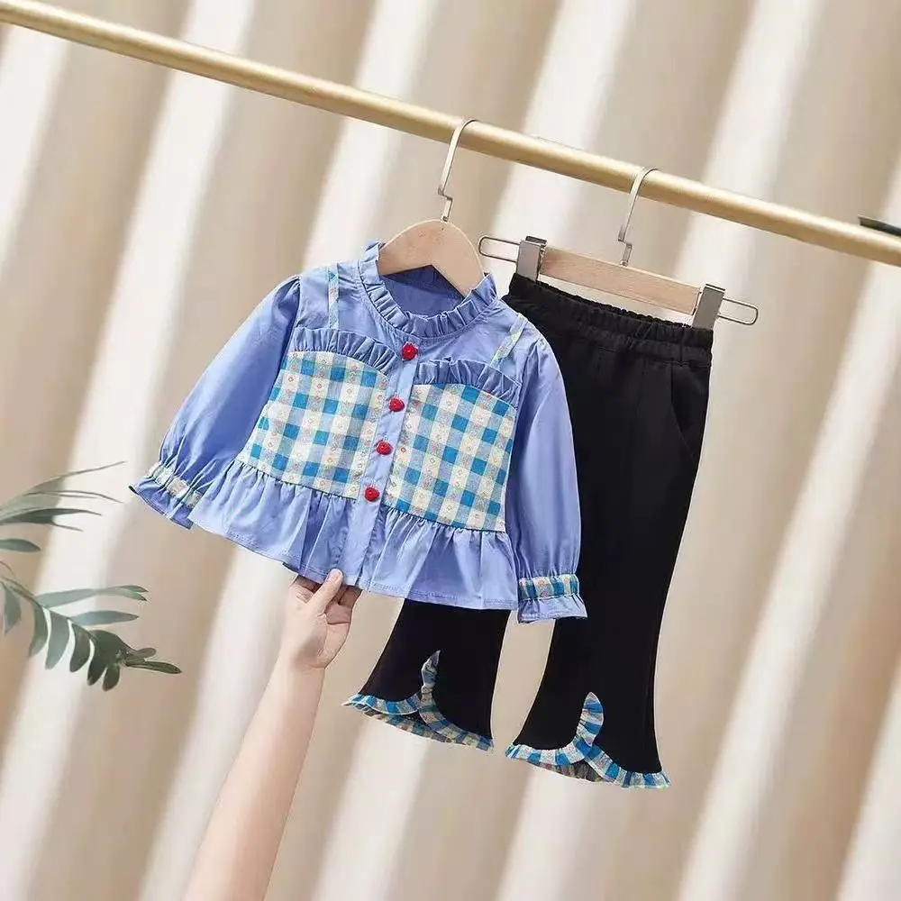 Spring Fall Toddler Girls Cute Patchwork Fake Two-Piece Top & Bell-Bottom Pants 2 PCS Outfit for 100-140cm
